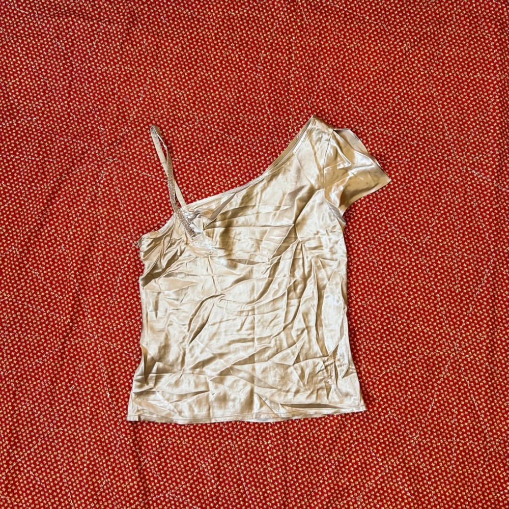 BCBG Champagne 100% Silk One Shoulder Beaded asymmetrical Strap Top Size 4